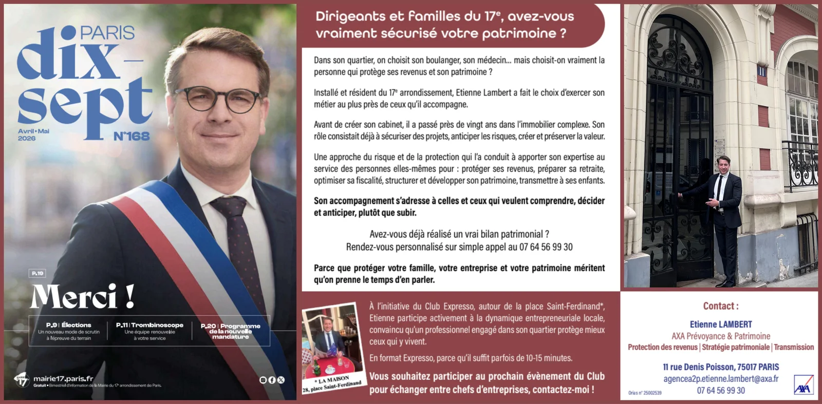 Paris dix-sept, n°168, avril-mai 2026 : couverture avec Geoffroy Boulard, Maire du 17e, et article consacré à Etienne Lambert